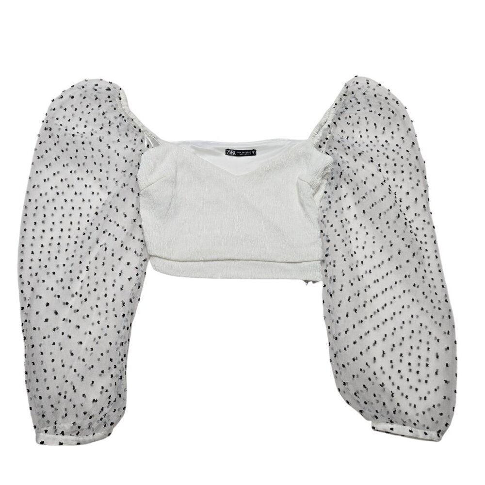 Zara Crop Top Womens Small White Clip‎ Dot Sheer Balloon Sleeve Whimsical Fairy